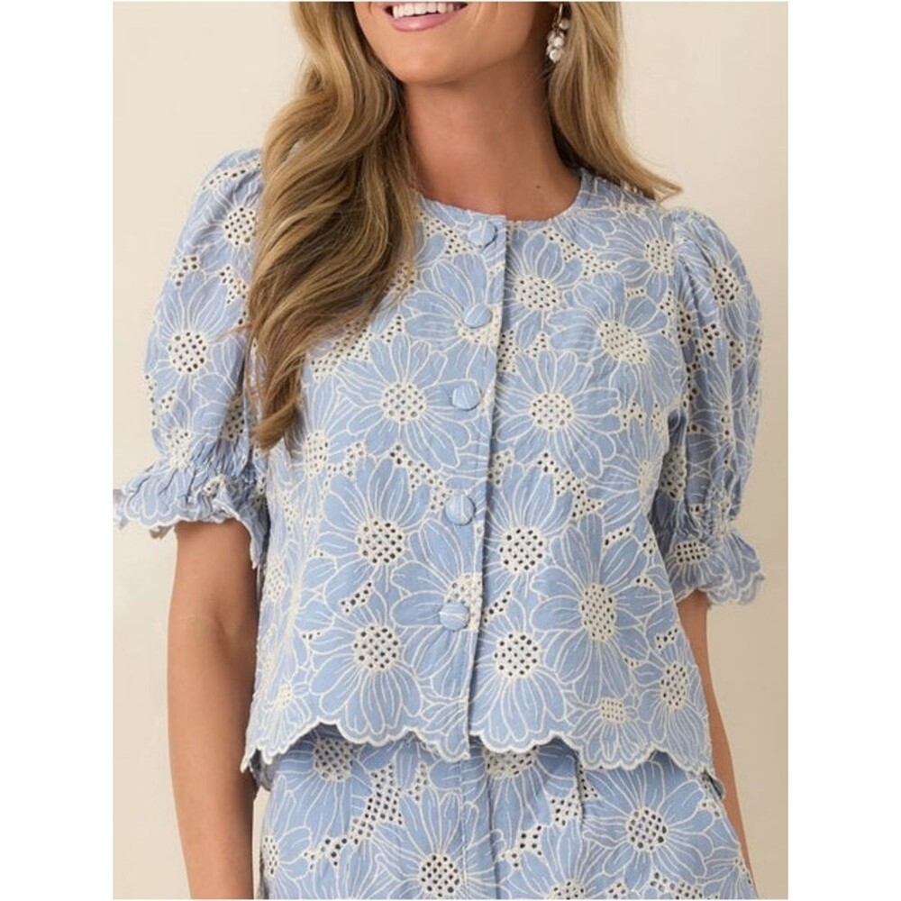 Vita Grace Blue Floral Embroidered Eyelet Cotton Puff Sleeve Blouse Top Size L